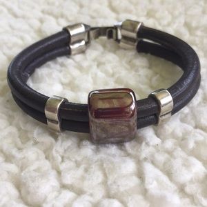 Leather Bracelet with Red Ceramic Bead